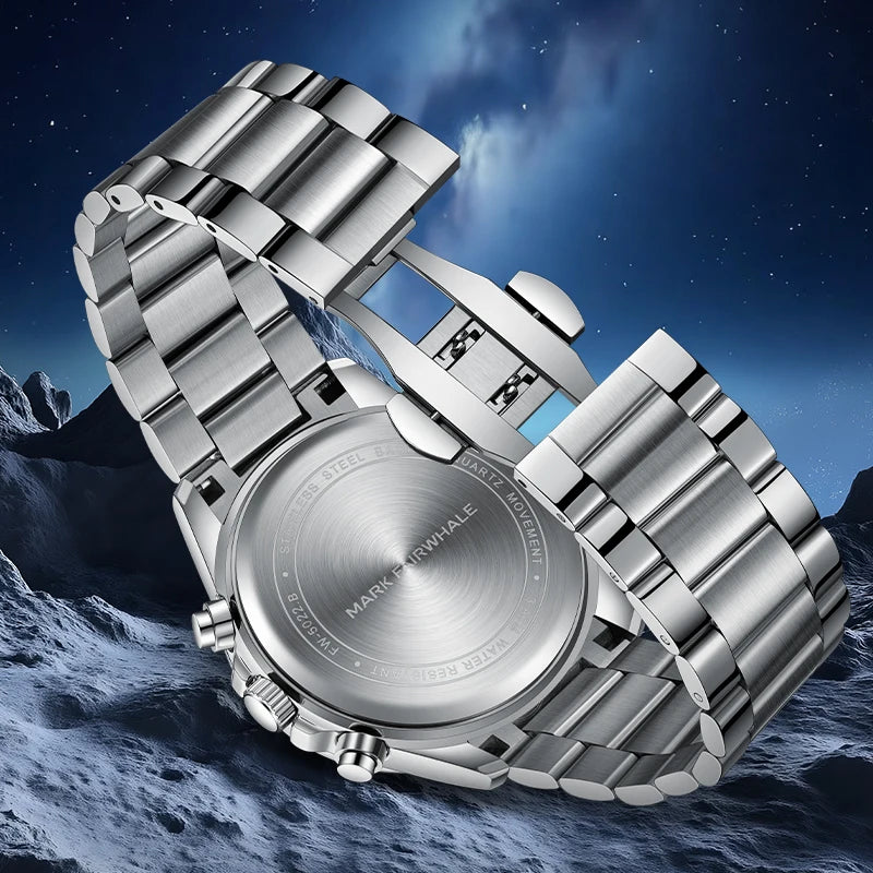 Back view of Mark Fairwhale 5022 VELTRONIX stainless steel case and deployment clasp.