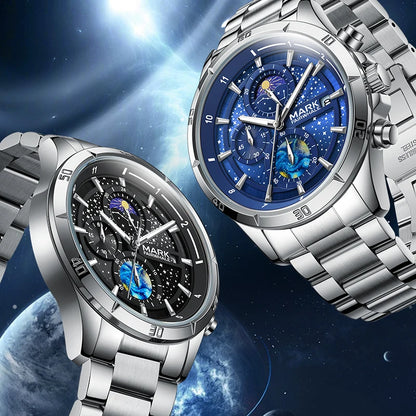 Close-up of Mark Fairwhale 5022 VELTRONIX watches in black and blue dials, cosmic-inspired background.