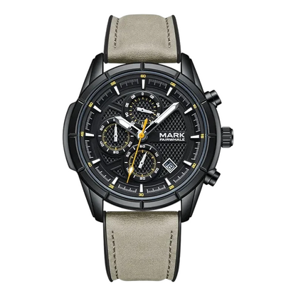 Mark Fairwhale 5024 NOVANTOR men’s luxury chronograph watch with black dial, yellow accents, quartz movement and grey leather strap