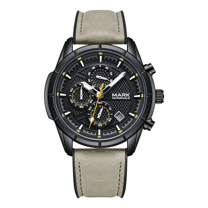 Mark Fairwhale 5024 NOVANTOR men’s luxury chronograph watch with black dial, yellow accents, quartz movement and grey leather strap