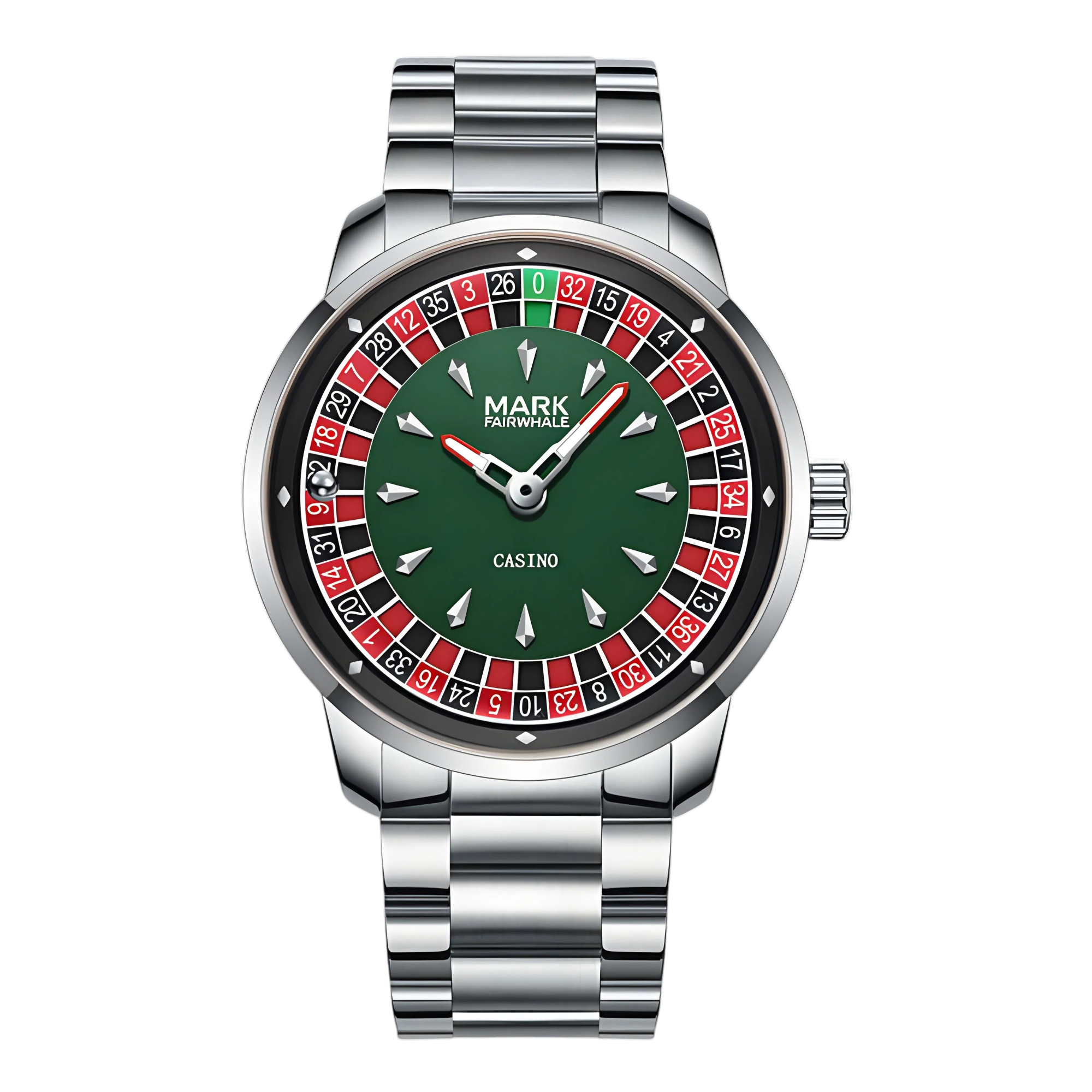 Mark Fairwhale 5031 ROULETTE Emerald Roulette – Emerald-tone rotating dial watch for men with diamond accents and Arabic numerals