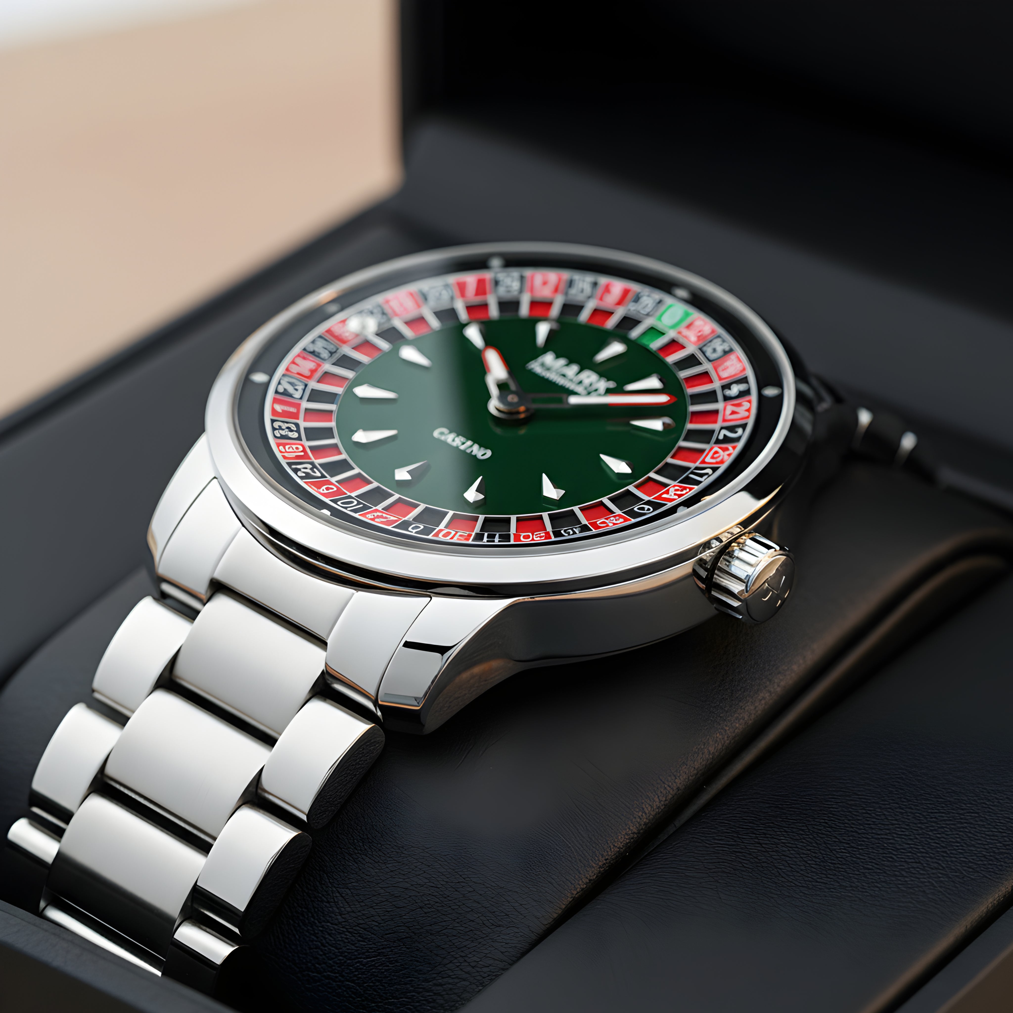 Mark Fairwhale 5031 ROULETTE Silver watch with a unique face design on a dark surface