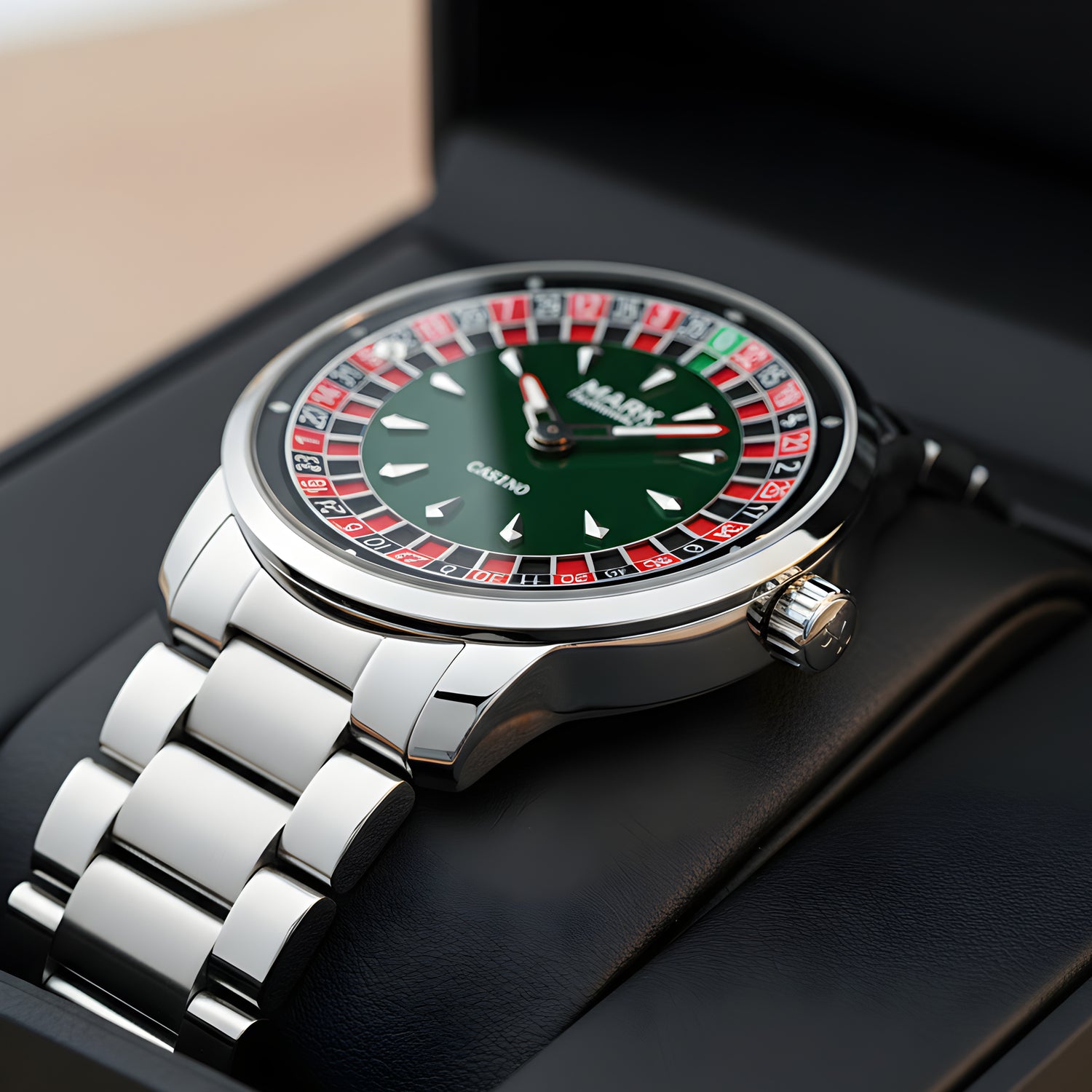 Mark Fairwhale 5031 ROULETTE Silver watch with a unique face design on a dark surface