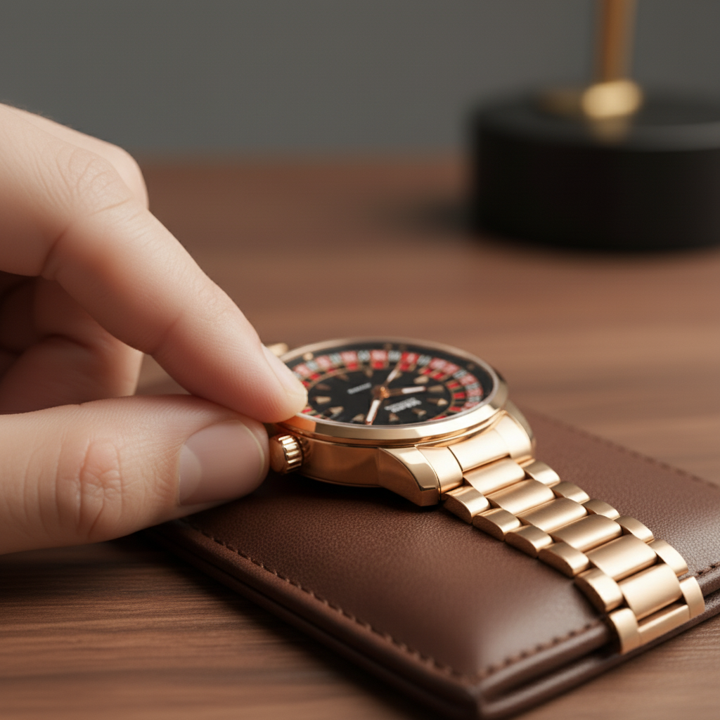 Mark Fairwhale 5031 ROULETTE Watch – luxury roulette timepiece in rose gold with black dial resting on leather wallet, close-up hand adjusting crown, elegant men’s luxury watch photography