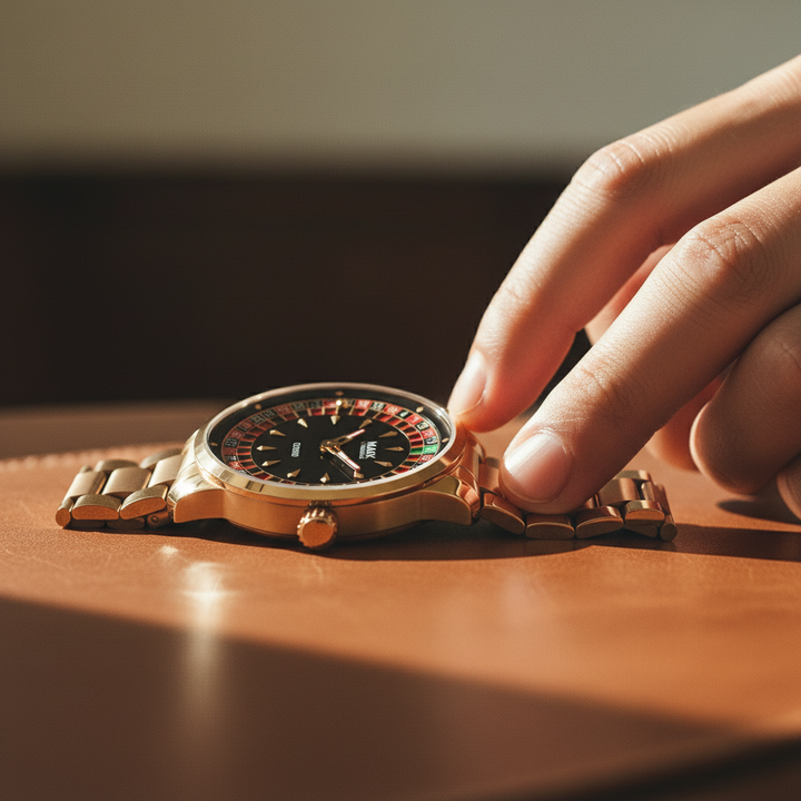 Mark Fairwhale 5031 Watch – rose gold luxury roulette timepiece on leather surface, soft sunlight highlighting bracelet links, refined men’s automatic watch lifestyle shot