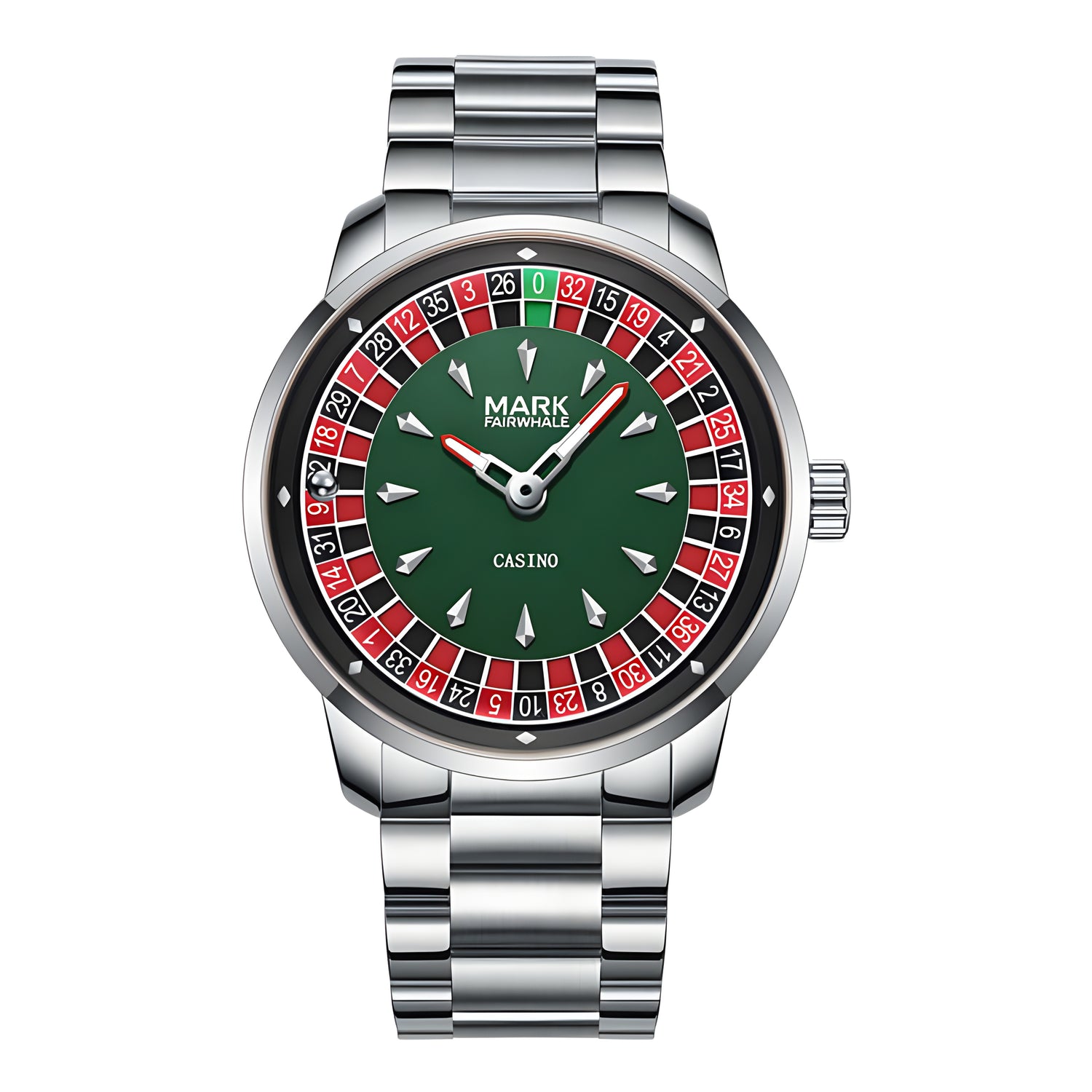 Mark Fairwhale 5031 ROULEX Emerald Roulette – Emerald-tone rotating dial watch for men with diamond accents and Arabic numerals
