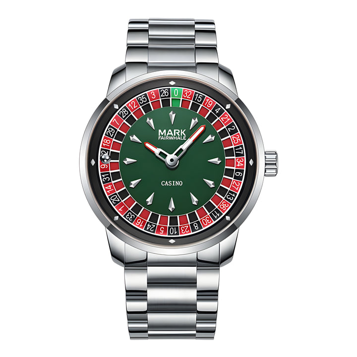 Mark Fairwhale 5031 ROULEX Emerald Roulette – Emerald-tone rotating dial watch for men with diamond accents and Arabic numerals