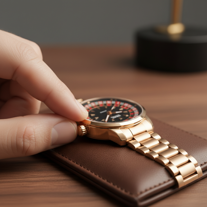 Mark Fairwhale 5031 ROULEX Casino Watch – luxury roulette timepiece in rose gold with black dial resting on leather wallet, close-up hand adjusting crown, elegant men’s luxury watch photography