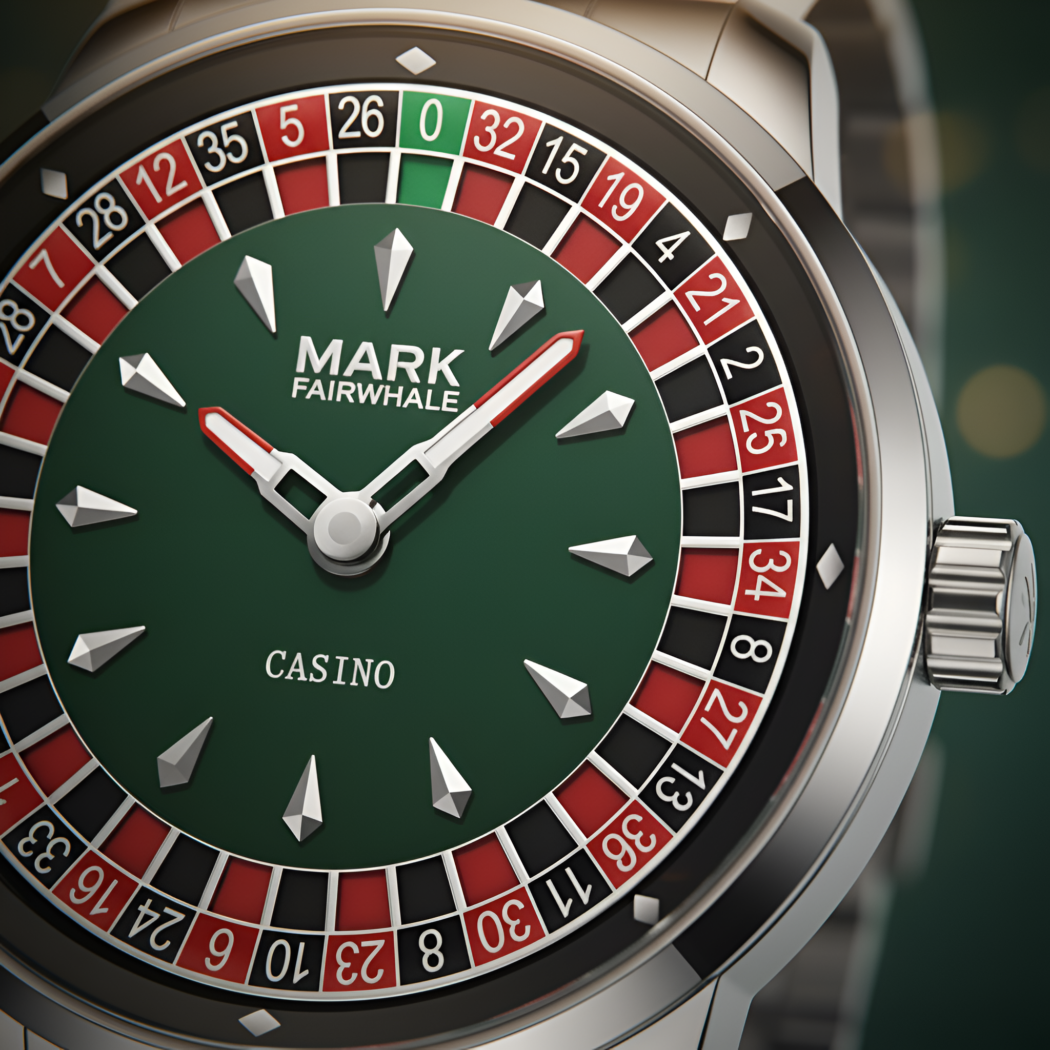 Mark Fairwhale 5031 ROULEX Emerald Roulette – Emerald-tone rotating dial watch for men with diamond accents and Arabic numerals