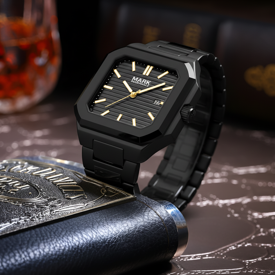 Mark Fairwhale 5042 quartz watch for men, black square dial with gold markers, in gift box angle