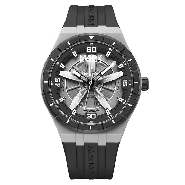 Mark Fairwhale 5050 AEROFORCE SHADOW Men’s Quartz Watch – Grey &amp; Black Edition with rotating turbine dial, luminous markers, waterproof design, and silicone strap.