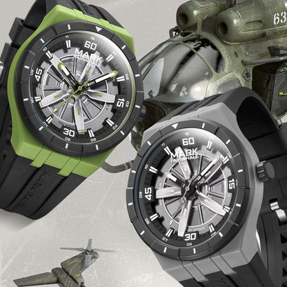 Luminous turbine dial glowing green – Mark Fairwhale 5050 AEROFORCE watch.
