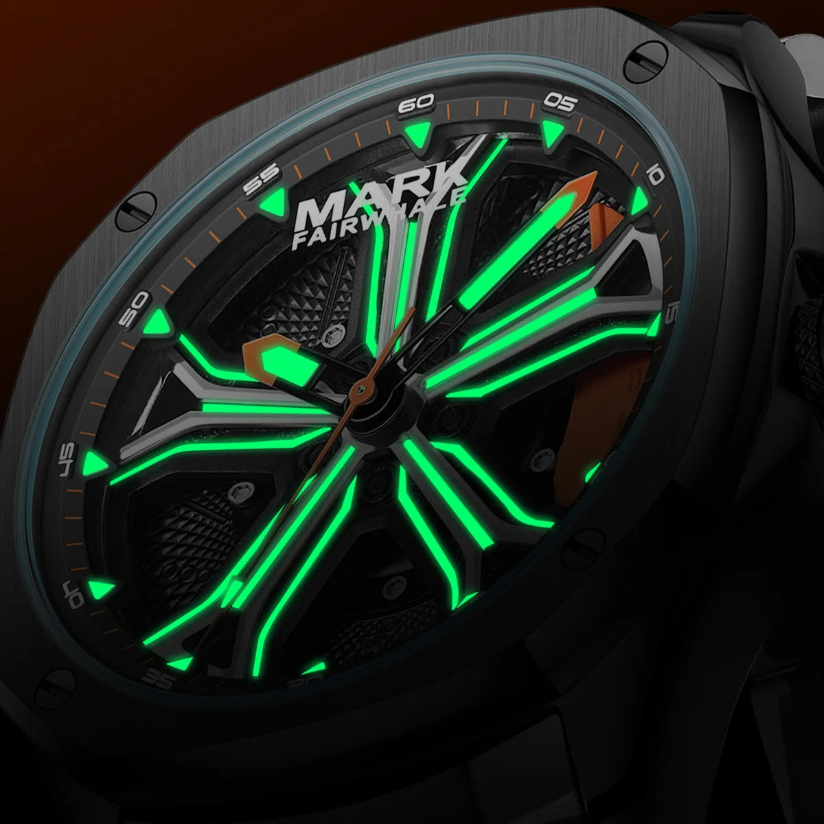 Mark Fairwhale 5060 NOCTRIX dial glowing with luminous markers in low light.
