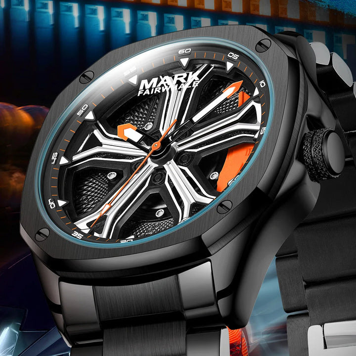 Side angle view of Mark Fairwhale 5060 NOCTRIX luxury stainless steel men’s watch.
