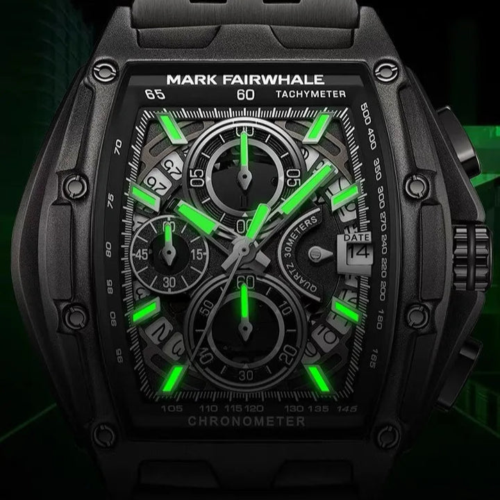 Mark Fairwhale 5080 TONIXORA luminous chronograph watch glowing with green light