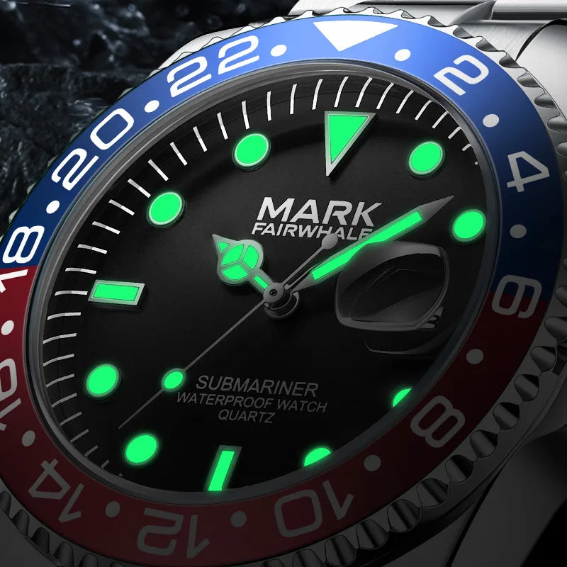 Mark Fairwhale 5140 VELTORIS men’s luminous watch glowing dial in darkness