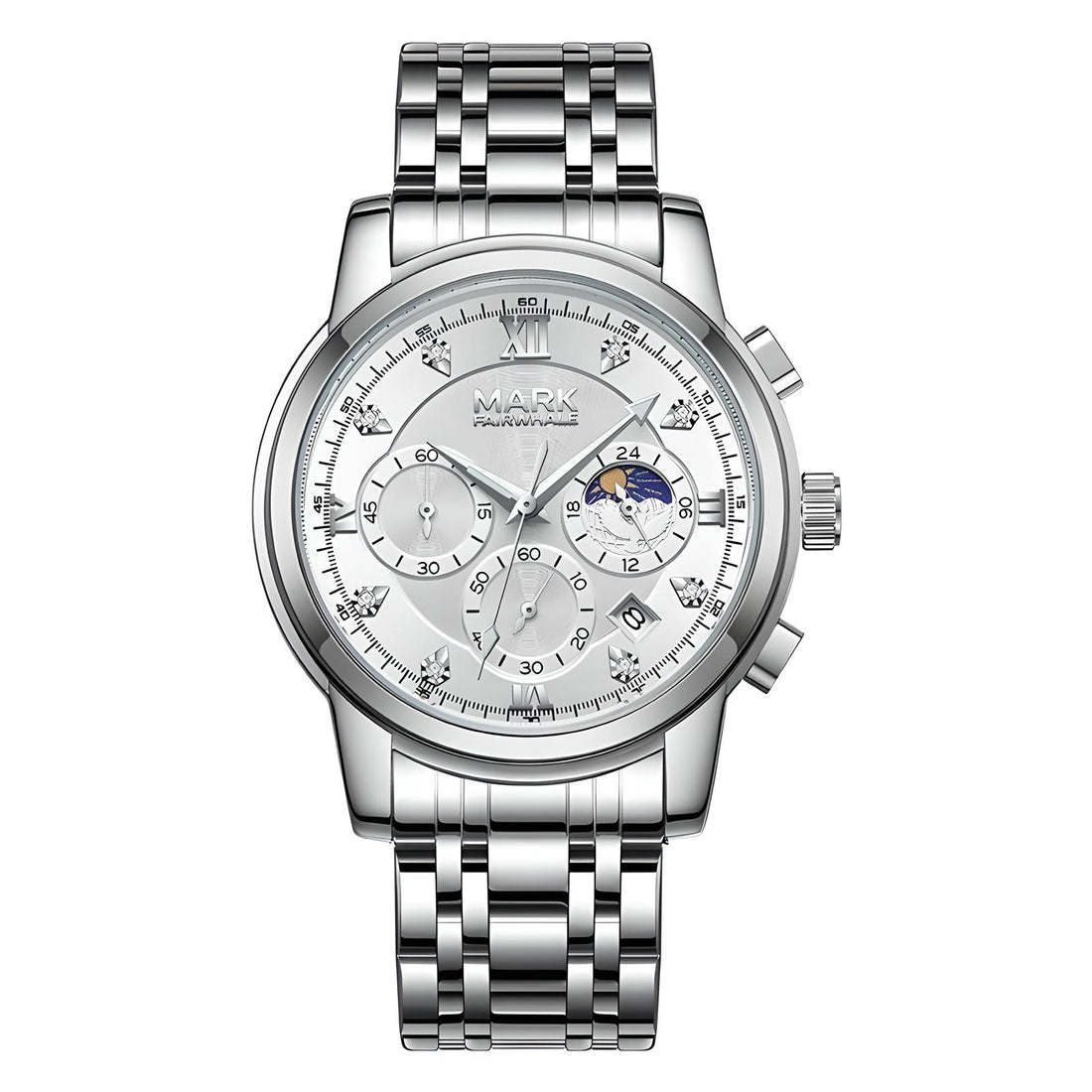 Mark Fairwhale 5180 TRINOMA men’s quartz watch with silver dial, calendar, and stainless steel strap
