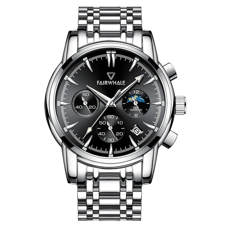 Mark Fairwhale 5370 LUNASIR black dial moon phase men’s watch with stainless steel strap and luminous hands.