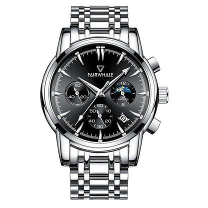 Mark Fairwhale 5370 LUNASIR black dial moon phase men’s watch with stainless steel strap and luminous hands.