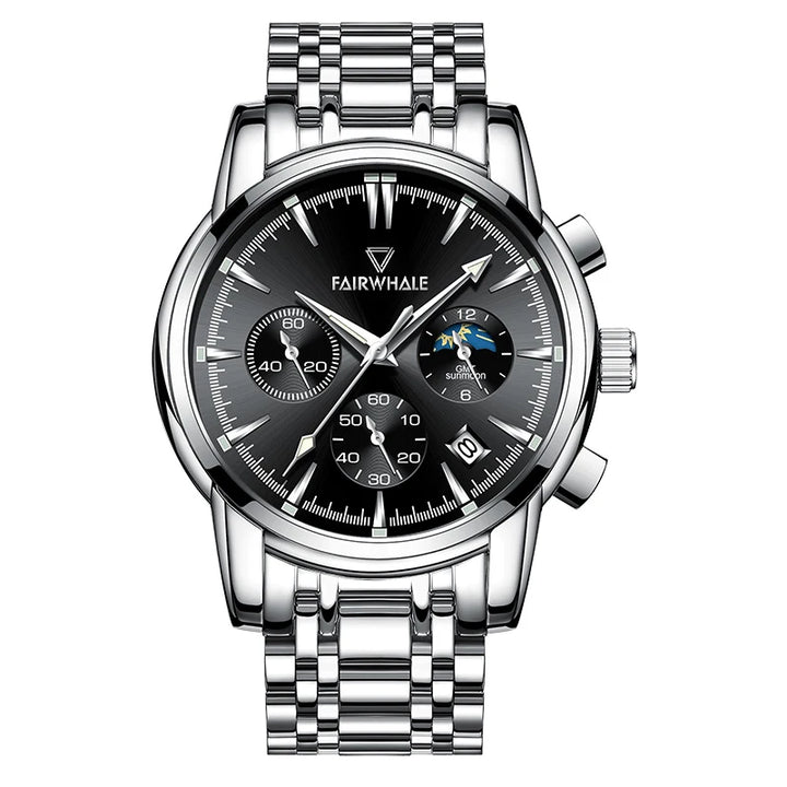 Mark Fairwhale 5370 LUNASIR black dial moon phase men’s watch with stainless steel strap and luminous hands.