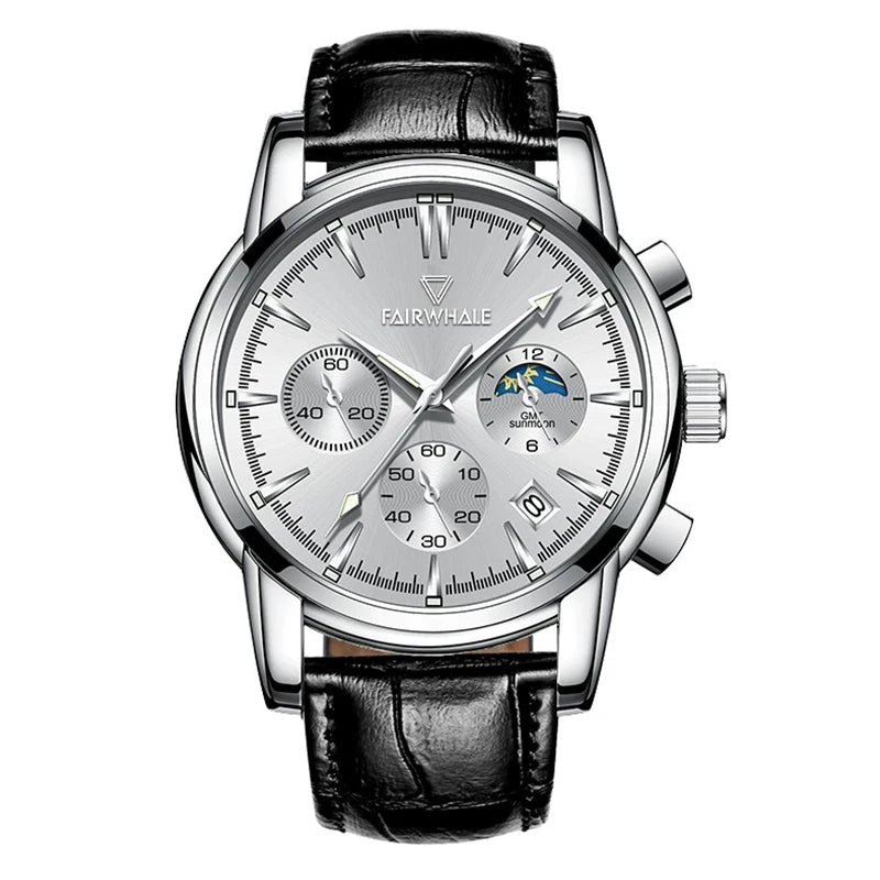 Mark Fairwhale 5370 LUNASIR luxury men’s moon phase watch styled with stainless steel strap, business chronograph design, and luminous details.