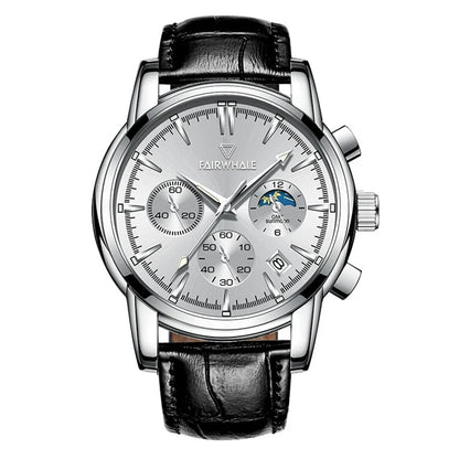 Mark Fairwhale 5370 LUNASIR luxury men’s moon phase watch styled with stainless steel strap, business chronograph design, and luminous details.