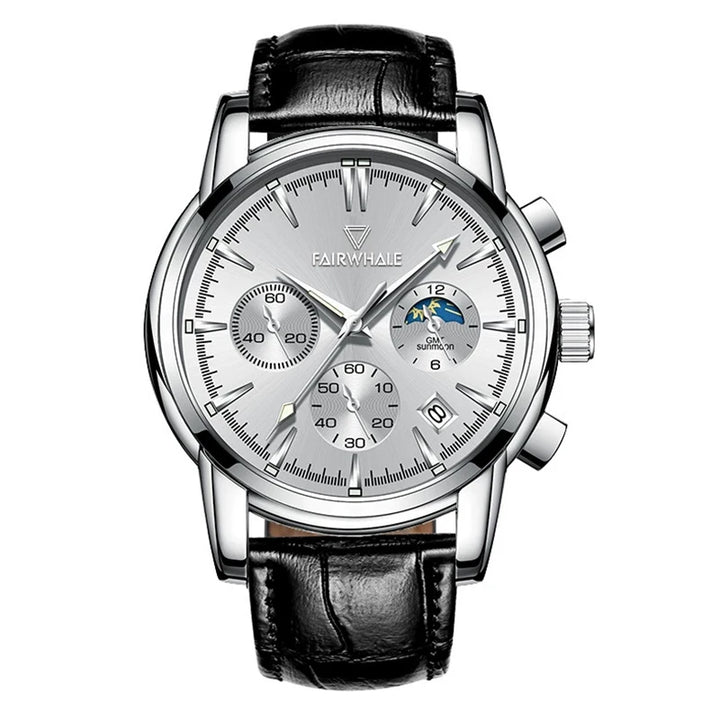Mark Fairwhale 5370 LUNASIR luxury men’s moon phase watch styled with stainless steel strap, business chronograph design, and luminous details.