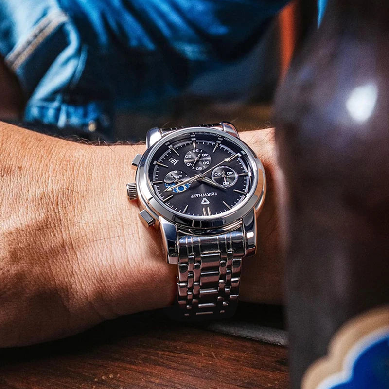 Mark Fairwhale 5370 LUNASIR men’s moon phase watch with stainless steel strap and complete calendar, luxury business wristwatch.