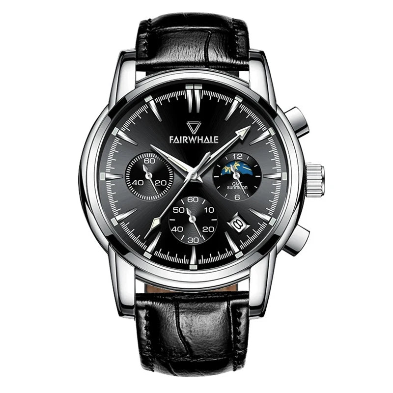 Mark Fairwhale 5370 LUNASIR men’s moon phase watch front view with stainless steel bracelet and complete calendar.