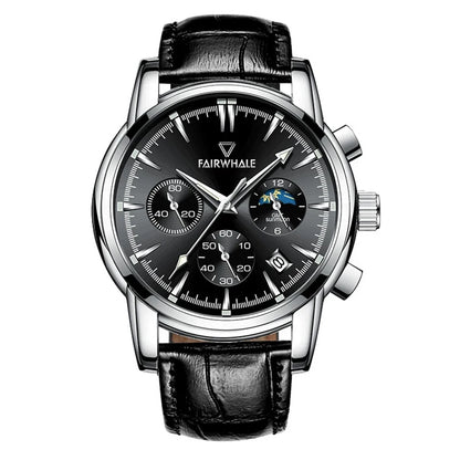 Mark Fairwhale 5370 LUNASIR men’s moon phase watch front view with stainless steel bracelet and complete calendar.