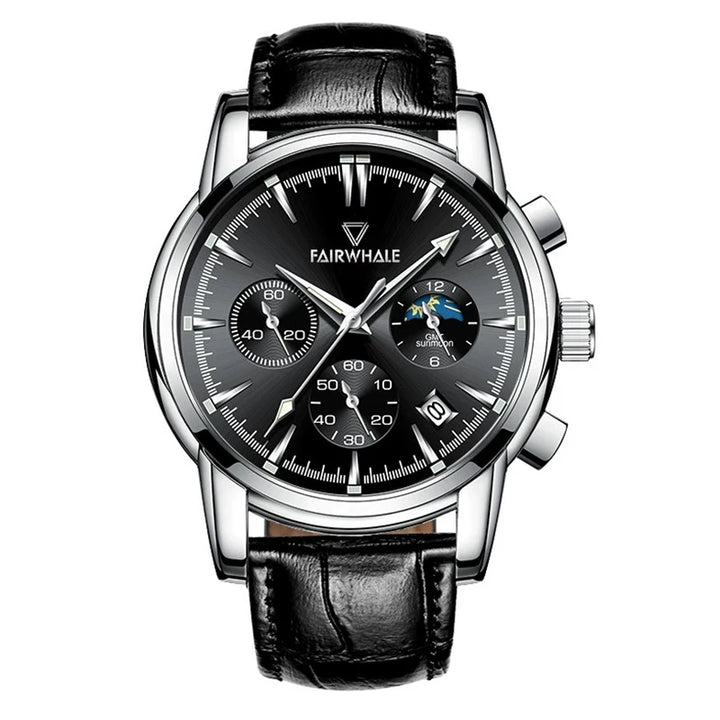 Mark Fairwhale 5370 LUNASIR men’s moon phase watch front view with stainless steel bracelet and complete calendar.
