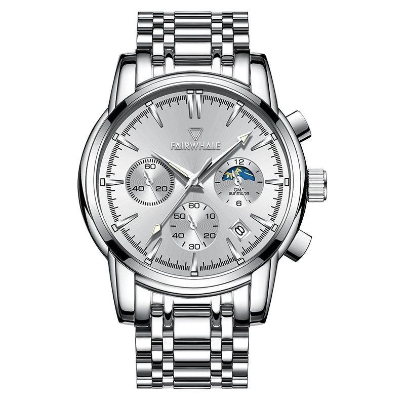 Mark Fairwhale 5370 LUNASIR men’s moon phase wristwatch with black dial, brown leather strap, and luminous markers.