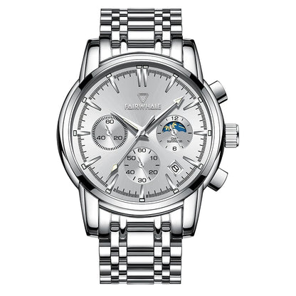 Mark Fairwhale 5370 LUNASIR men’s moon phase wristwatch with black dial, brown leather strap, and luminous markers.