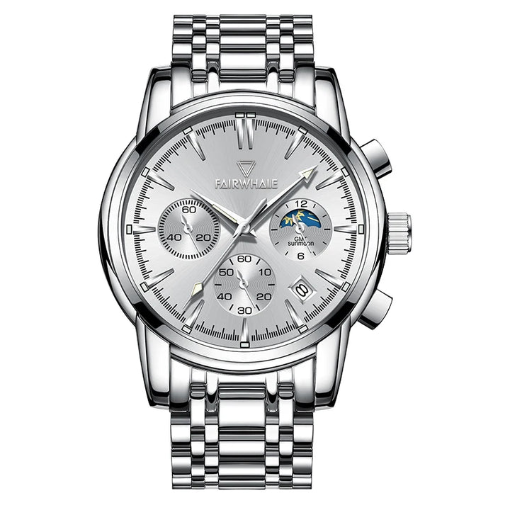 Mark Fairwhale 5370 LUNASIR men’s moon phase wristwatch with black dial, brown leather strap, and luminous markers.
