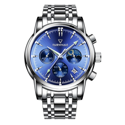 Mark Fairwhale 5370 LUNASIR men’s watch with blue dial, stainless steel strap, moon phase complication, and day-date calendar.