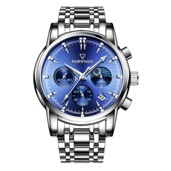 Mark Fairwhale 5370 LUNASIR men’s watch with blue dial, stainless steel strap, moon phase complication, and day-date calendar.