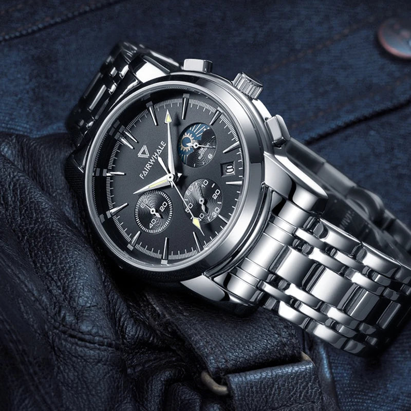 Mark Fairwhale 5370 LUNASIR men’s wristwatch side view with stainless steel case, Hardlex crystal, and polished bracelet.