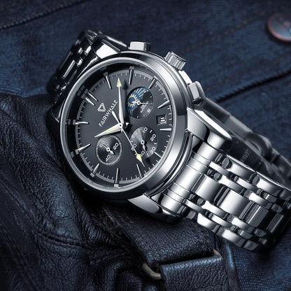 Mark Fairwhale 5370 LUNASIR men’s wristwatch side view with stainless steel case, Hardlex crystal, and polished bracelet.