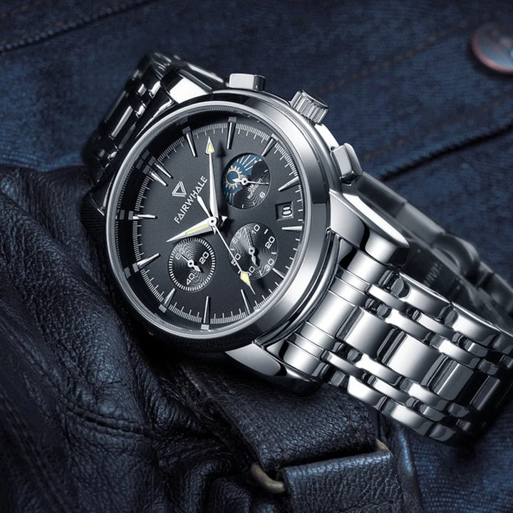 Mark Fairwhale 5370 LUNASIR men’s wristwatch side view with stainless steel case, Hardlex crystal, and polished bracelet.
