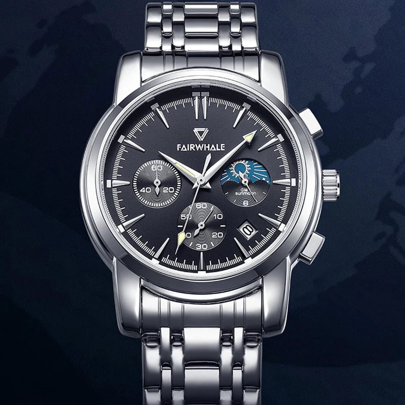 Mark Fairwhale 5370 LUNASIR stainless steel men’s watch with moon phase indicator, luminous hands, and elegant business design.