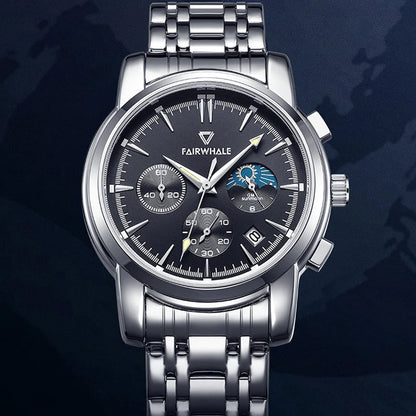 Mark Fairwhale 5370 LUNASIR stainless steel men’s watch with moon phase indicator, luminous hands, and elegant business design.