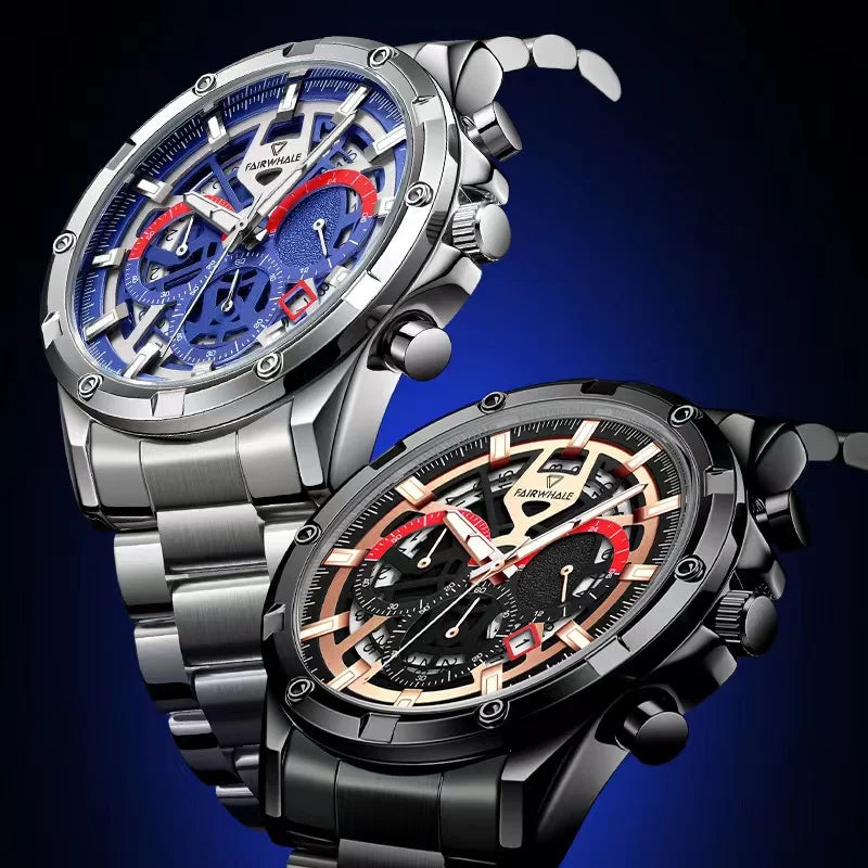 Mark Fairwhale 5430 ASTRION chronograph watches in stainless steel blue and black-rose editions, side by side.