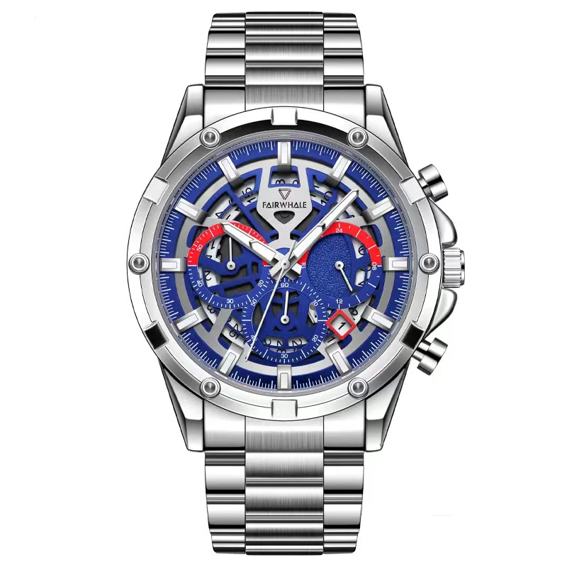 Mark Fairwhale 5430 ASTRION men’s chronograph with stainless steel strap, bold blue dial, and luminous hands.