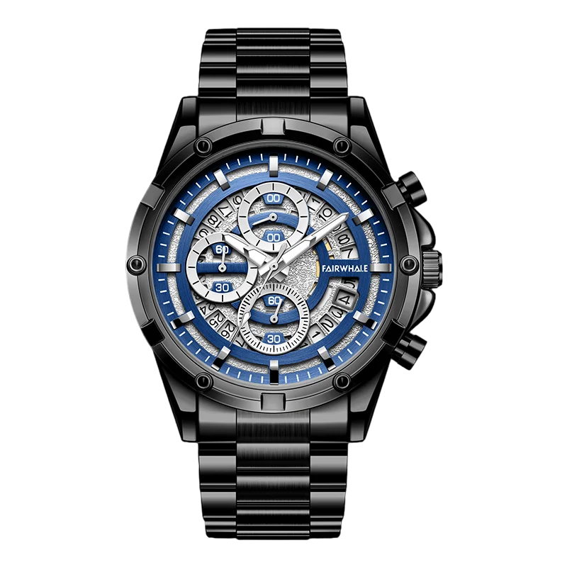 Mark Fairwhale 5430 NOVATRIX men’s luxury chronograph watch with black stainless steel strap and blue dial accents.
