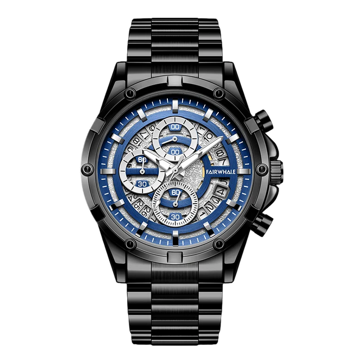 Mark Fairwhale 5430 NOVATRIX men’s luxury chronograph watch with black stainless steel strap and blue dial accents.