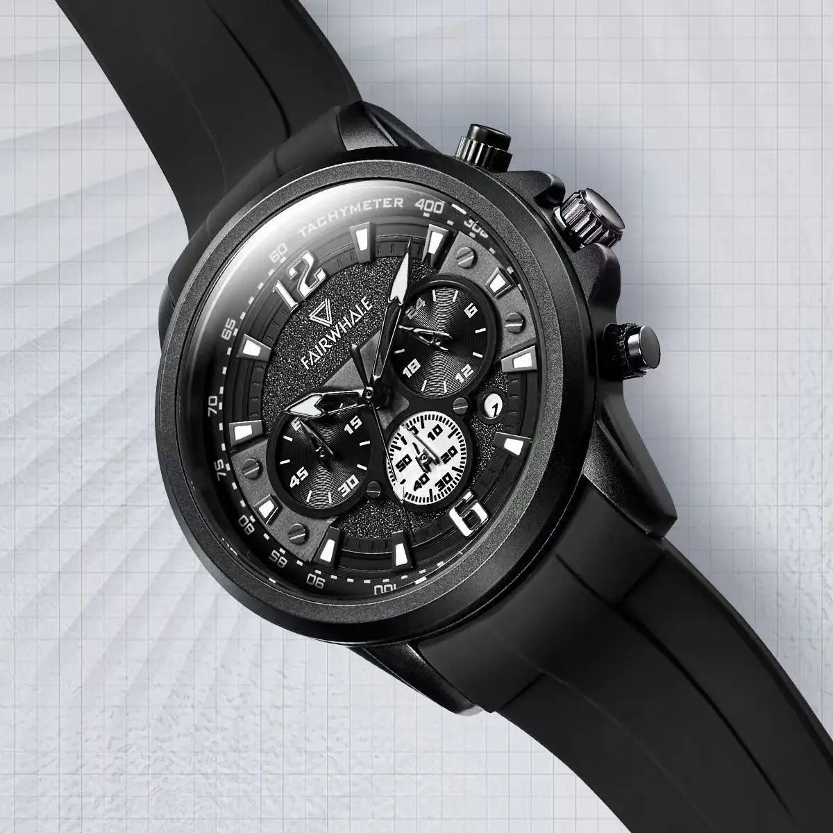 Mark Fairwhale 5530 men’s black chronograph watch with waterproof silicone strap and luminous hands