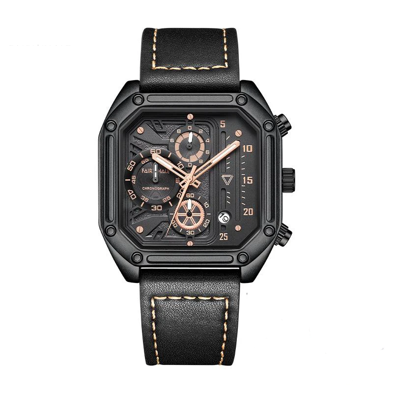 Mark Fairwhale 5570 SQUARIS black square chronograph watch men’s quartz movement luminous hands leather strap