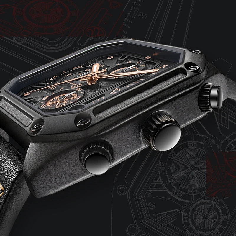 Mark Fairwhale 5570 SQUARIS men’s luxury square chronograph watch side view with stainless steel crown and leather strap