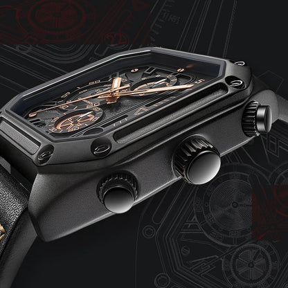 Mark Fairwhale 5570 SQUARIS men’s luxury square chronograph watch side view with stainless steel crown and leather strap