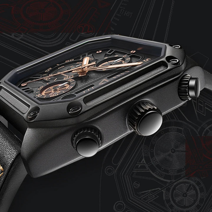 Mark Fairwhale 5570 SQUARIS men’s luxury square chronograph watch side view with stainless steel crown and leather strap